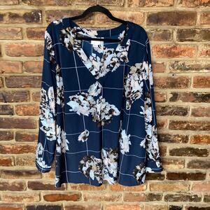 Junarose Navy Blue Floral Long Sleeve V-Neck Blouse Women's Plus Size 22